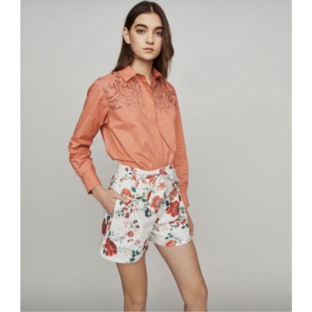 MAJE Floral High Waisted Denim Shorts Size 34 FR/ XS US